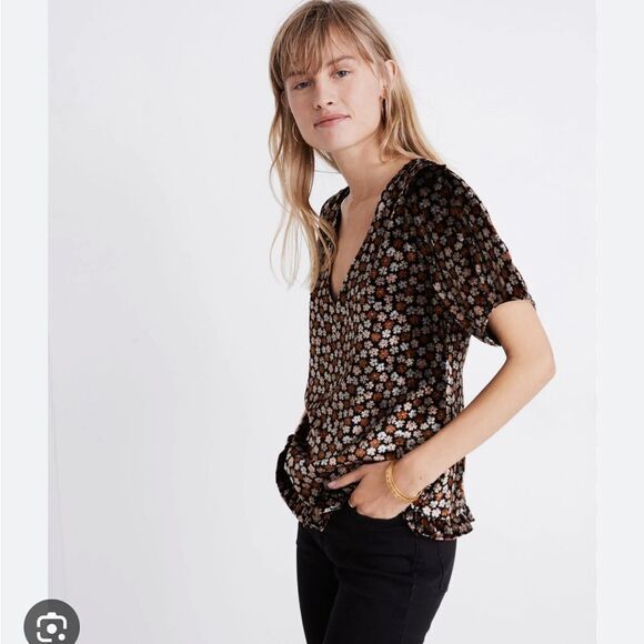 Madewell velvet tulip sleeve floral ruffle hem top size XS - Picture 1 of 4